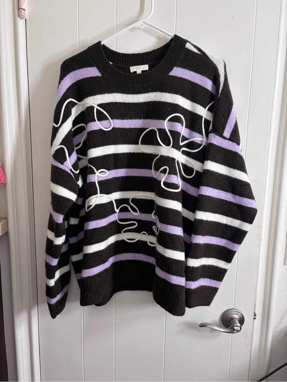 Parker Black, White & Lavender Striped Crewneck Sweater